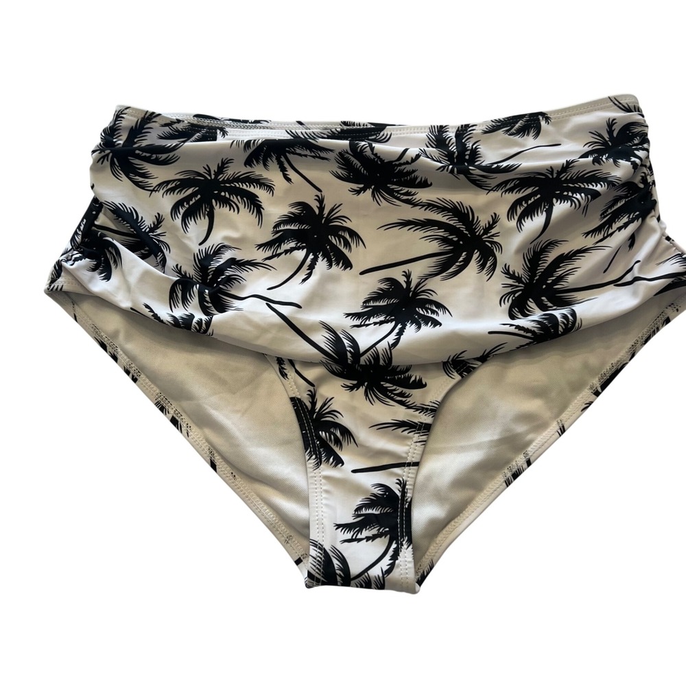 Womens Black White Palm Tree High Waisted Ruched Bikini Bottoms XL Tropical Swim